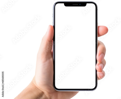 Hand holding mobile phone with blank transparent screen