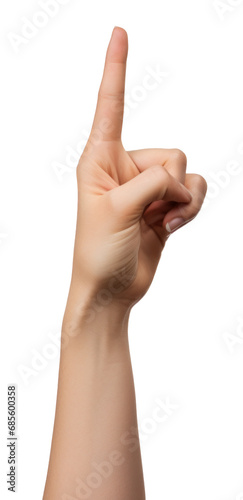 Human hand pointing up with raised index finger - isolated on transparent background
