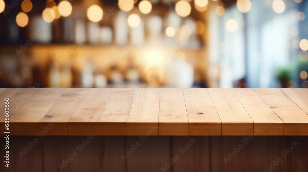 Empty beautiful wood table top counter and blur bokeh modern kitchen interior background in clean and bright,Banner, Ready for product montage