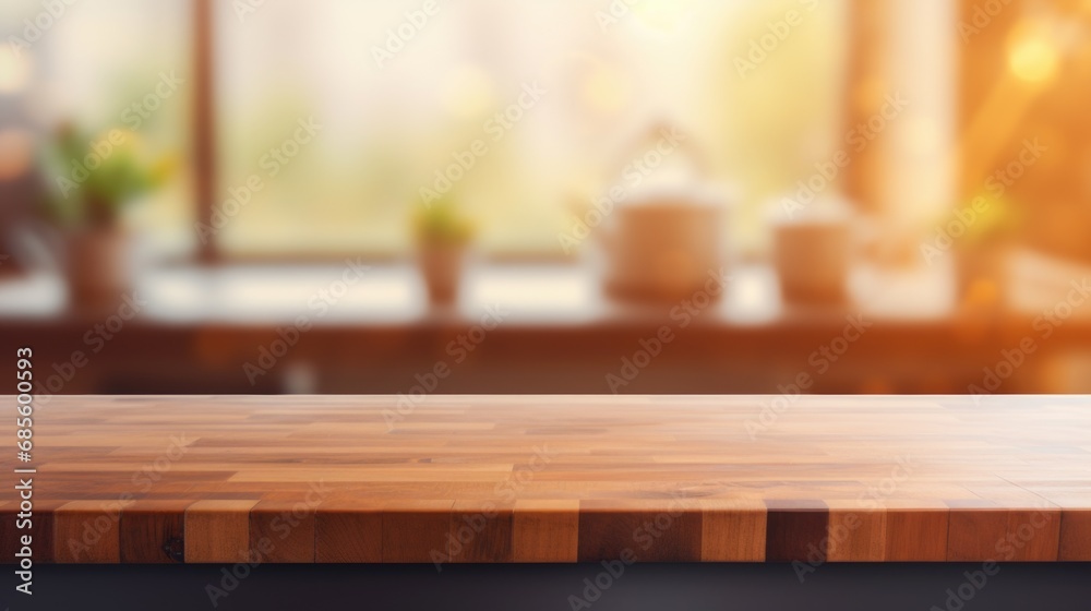 Empty beautiful wood table top counter and blur bokeh modern kitchen interior background in clean and bright,Banner, Ready for product montage Empty beautiful wood table top counter and blur bokeh modern kitchen interior background in clean and bright,Banner, Ready for product montage
