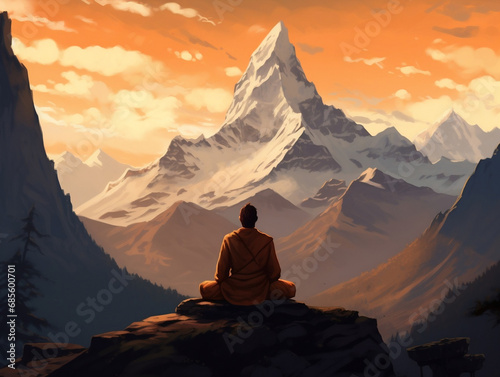 Man meditating in front of a mountain