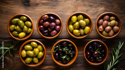 Assortment of fresh olives with different colors in bowls with rosemary branches on wooden background. Top view. photo