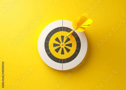 Dartboard with arrow inside of yellow punched paper for setup business objective target 