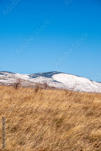 Landscape of meadows in autumn with a snowy mountain in the background and blue sky