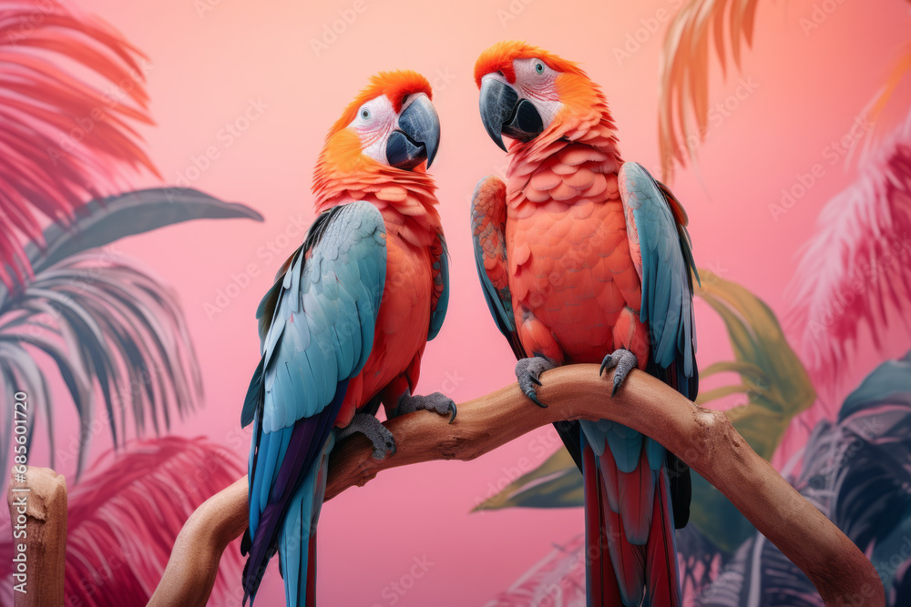 Two parrots stand on a branch in a pink pastel tropical background.