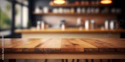 Wood table top with blur kitchen background , empty wooden tabl. Generative AI.