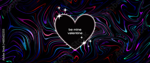Digital Valentine Day glowing heart frame, retro y2k blinks and abstract liquid dark background. Vector banner, horizontal poster, greeting.