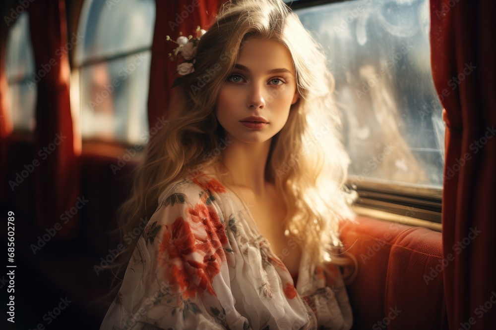 Woman portrait by train window during sunset Woman portrait by train window during sunset