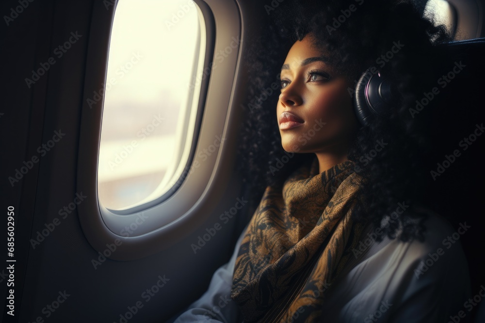 Black woman gazing out of airplane window - obrazy, fototapety, plakaty 