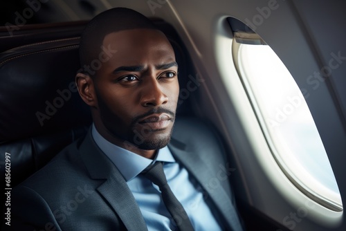 Black businessman gazing out of airplane window © ChaoticMind