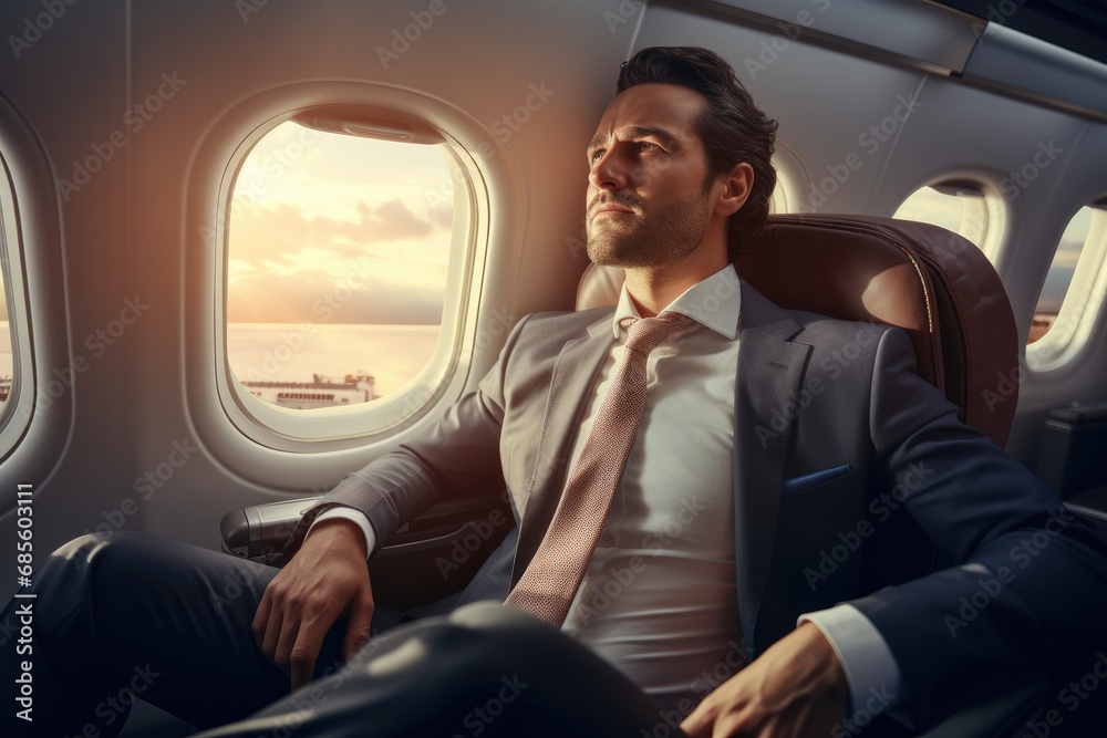 White businessman gazing out of airplane window