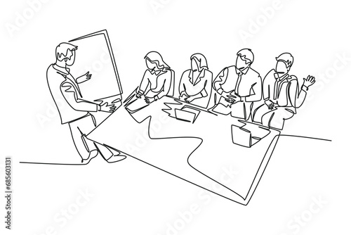 Single one line drawing young male business manager giving presentation to train apprentices at the office during meeting. Job training concept. Continuous line draw design graphic vector illustration
