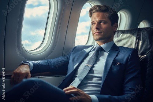 White businessman gazing out of airplane window © ChaoticMind