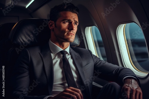 White businessman gazing out of airplane window © ChaoticMind