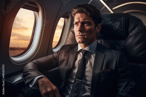 White businessman gazing out of airplane window