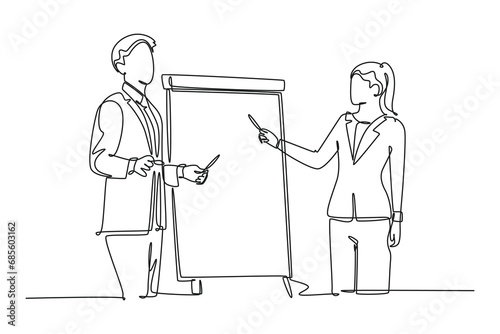 Single one line drawing young happy male and female business coach speaking in front of the class. Coaching course and meeting concept. Modern continuous line draw design graphic vector illustration