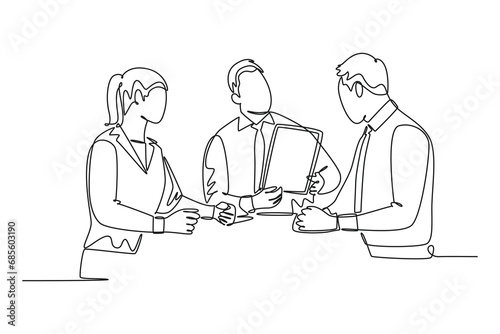 Single one line drawing young startup founder explain profit sharing plan to the investors during meeting. Business investment concept. Modern continuous line draw design graphic vector illustration