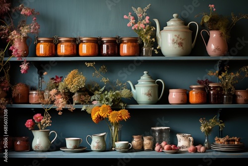 Vintage tea setting in a rustic kitchen corner with an array of loose teas and delicate tea cups, hygge concept
