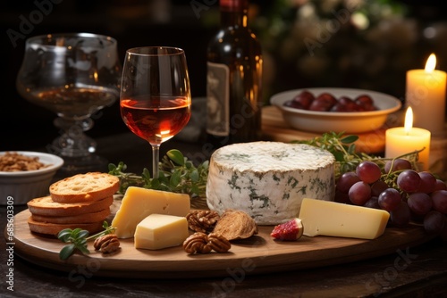 Romantic ambiance with a table adorned in candlelight and a delectable wine and cheese selection, hygge concept