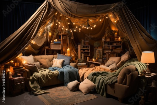 Playful blanket fort with soft lighting and cushions, hygge concept photo