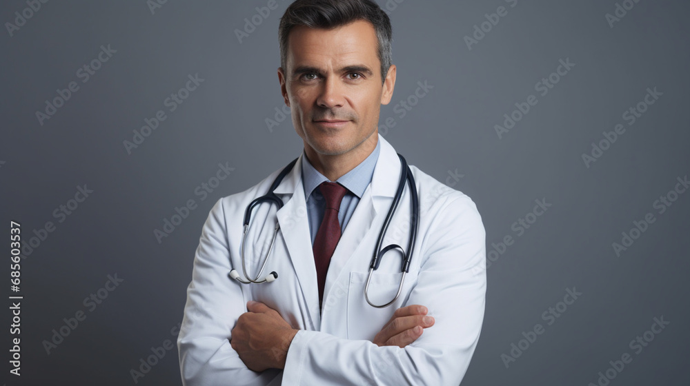 Portrait of smiling male doctor on blur background. Generative AI Portrait of smiling male doctor on blur background. Generative AI