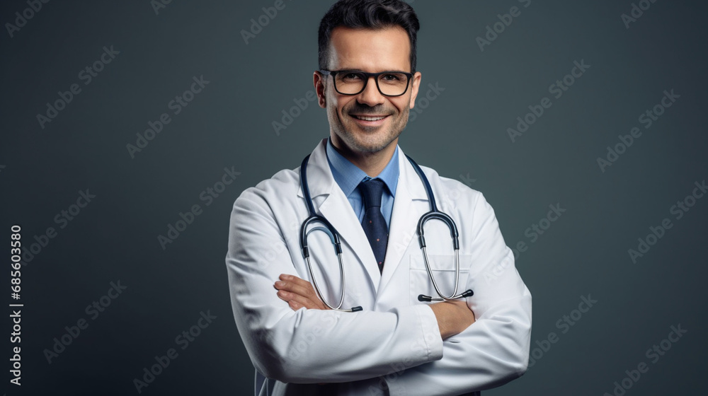 Portrait of smiling male doctor on blur background. Generative AI Portrait of smiling male doctor on blur background. Generative AI