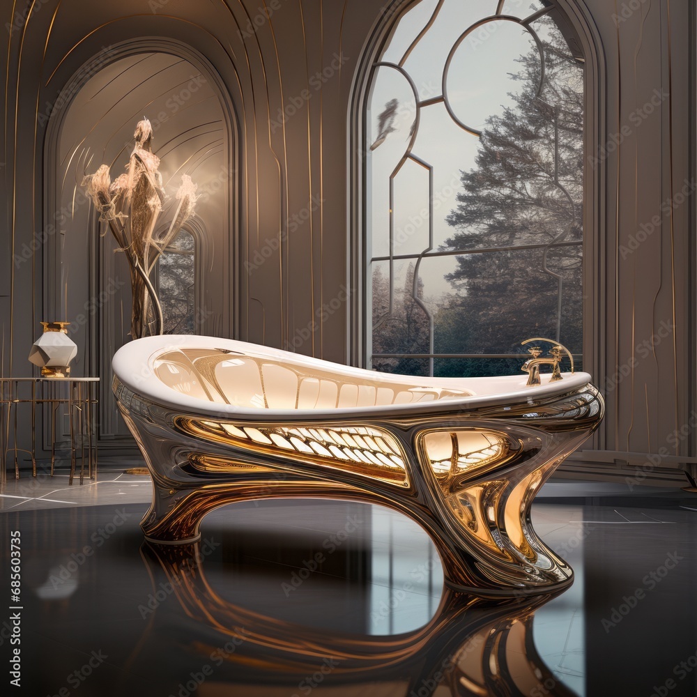 Bathtub in the interior of the bathroom. 3d illustration.