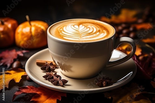A close up of a hand cradling a warm coffee surrounded by autumn hues  hygge concept