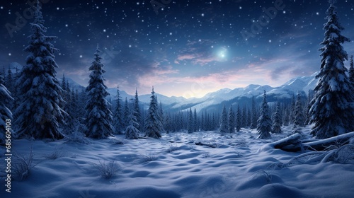 A tranquil scene of snow-covered fir trees in the subpolar region just before dawn. © AQ Arts