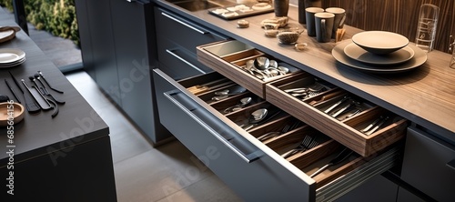 Close-up of open drawer in modern minimalist kitchen with walnut facades and black stone countertop. Set of cutlery trays in kitchen drawer. Solid oak wood cutlery drawer inserts. photo