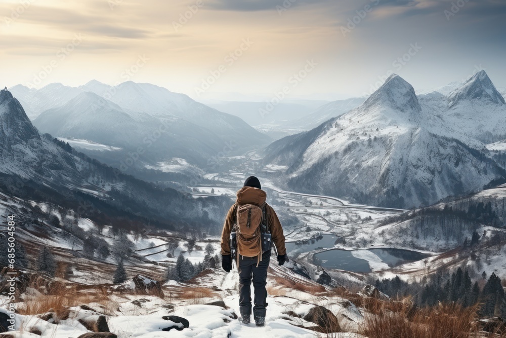 Solo hiker immersed in the tranquil beauty of snow covered peaks, hygge concept