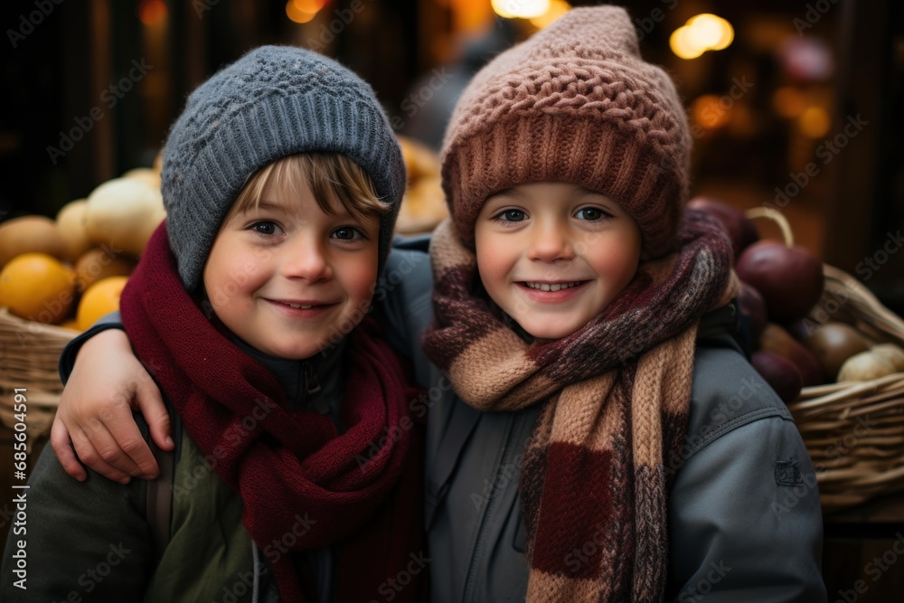 Boys in stylish scarves tasting fresh delights, hygge concept Boys in stylish scarves tasting fresh delights, hygge concept