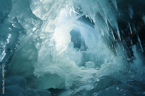 Exploration of an ice cave, with intricate ice formations and the interplay of light, showcasing the hidden wonders beneath glaciers.