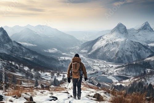 Solo hiker immersed in the tranquil beauty of snow covered peaks, hygge concept