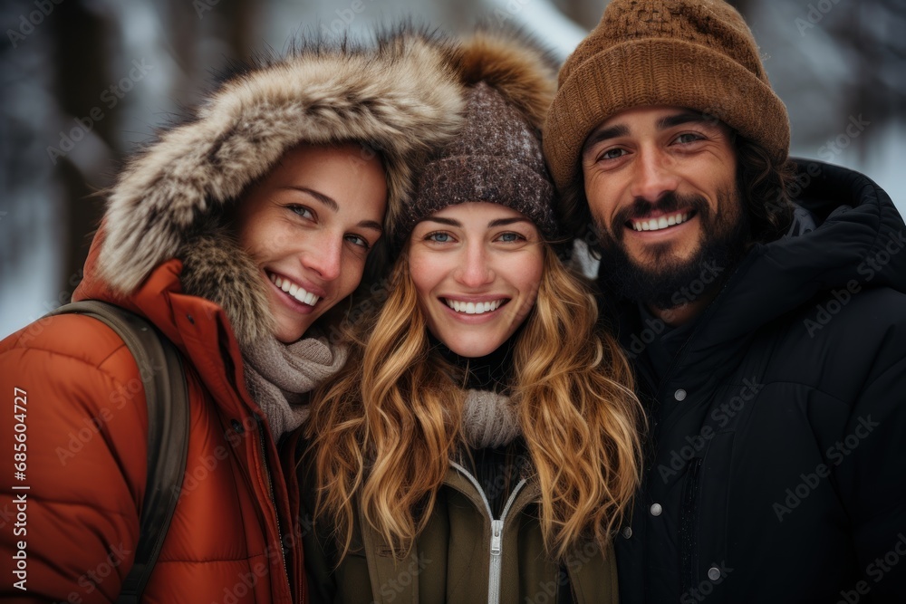 Stylish friends embrace outdoors in the crisp winter air, hygge concept