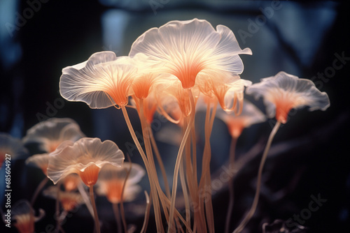 An abstract representation of a mushroom in bloom, radiating a soft and ethereal glow, ideal for nature-inspired and serene designs.