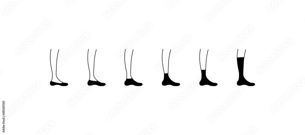 Sock height icons. Line, short, medium, long socks on the foot, foot and toe. Vector icons Sock height icons. Line, short, medium, long socks on the foot, foot and toe. Vector icons