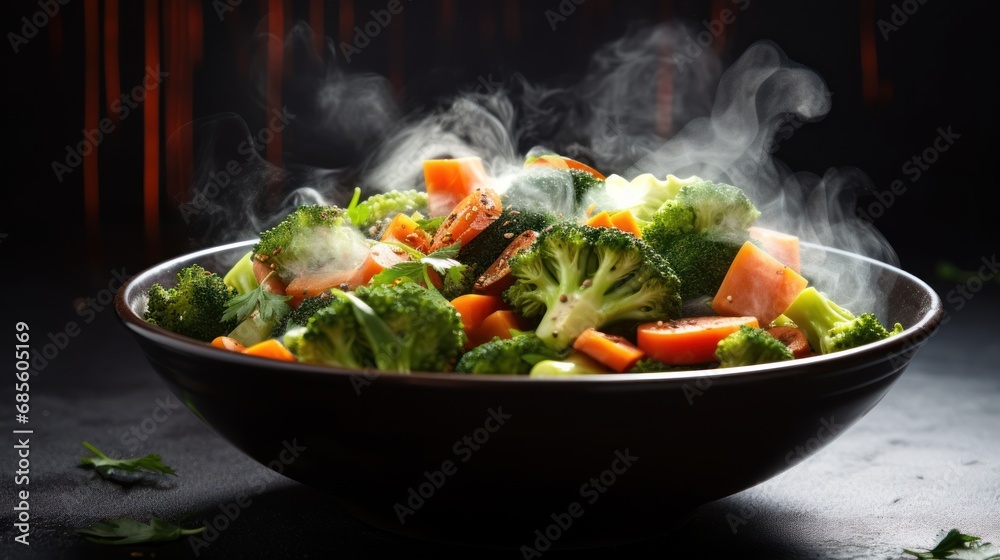 Steam vegetarian vegetables carrots broccoli in bowl background wallpaper ai generated image Steam vegetarian vegetables carrots broccoli in bowl background wallpaper ai generated image