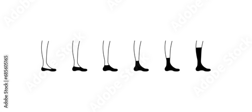 Sock height icons. Line, short, medium, long socks on the foot, foot and toe. Vector icons