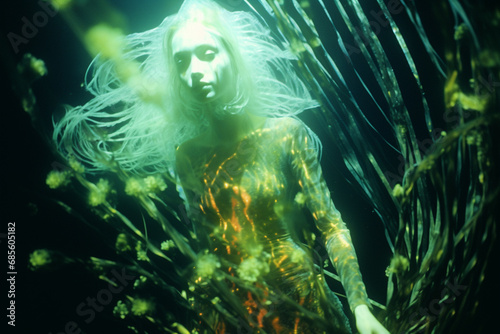 A Mermaid with a tail adorned with bioluminescent patterns, gracefully swimming in the depths of the ocean.