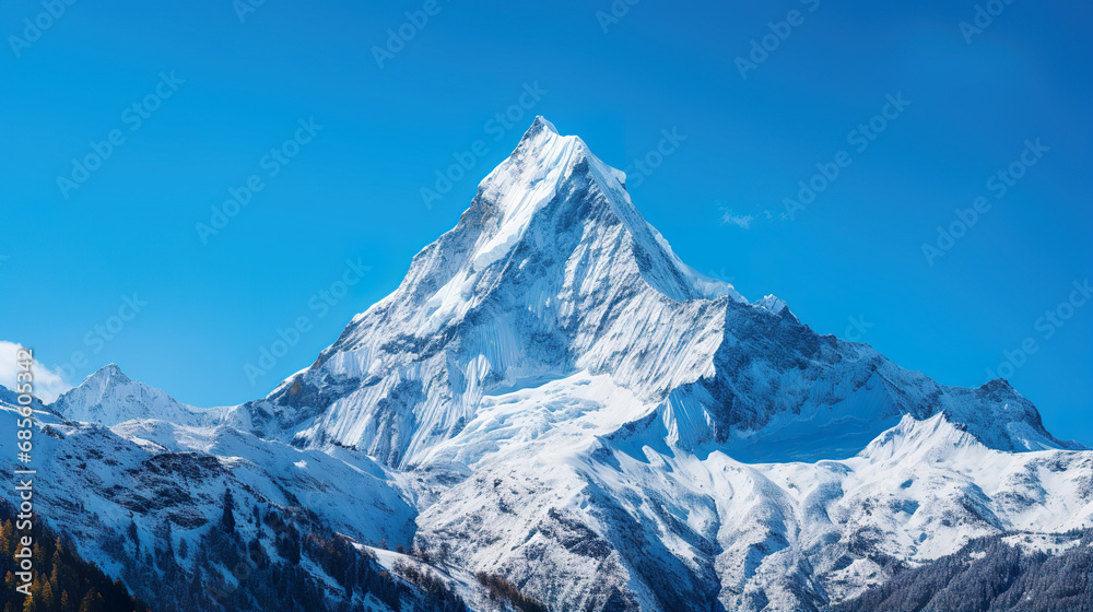 Snow-covered mountain against a blue sky. Generative Ai Snow-covered mountain against a blue sky. Generative Ai