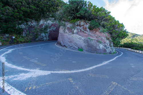 Road (Hairpin turn) of the mountains in Anaga national park. Tenerife. Canary island. Spain