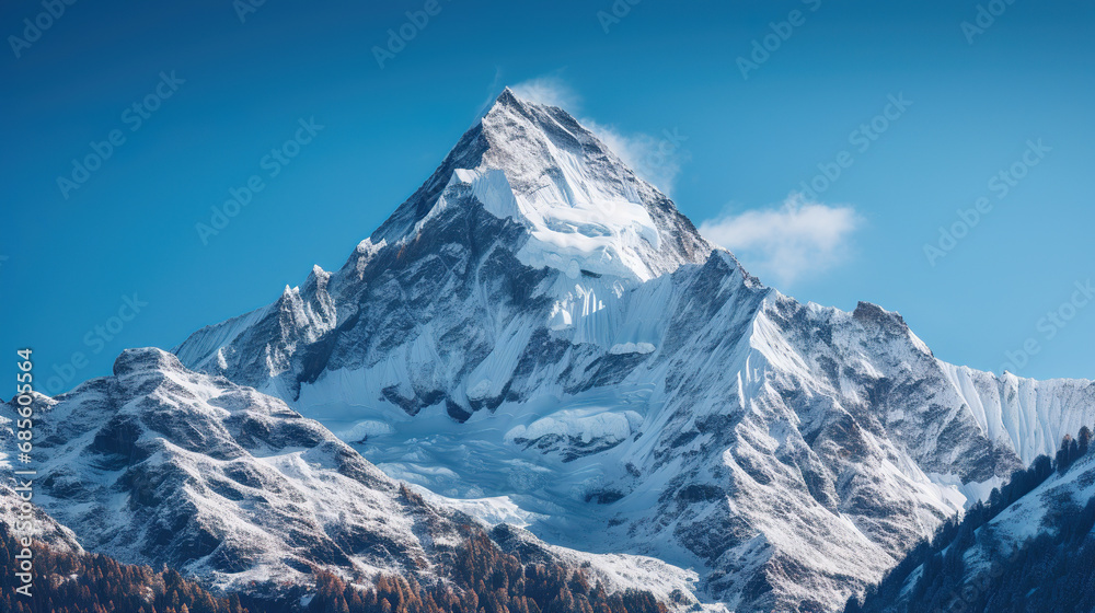 Snow-covered mountain against a blue sky. Generative Ai