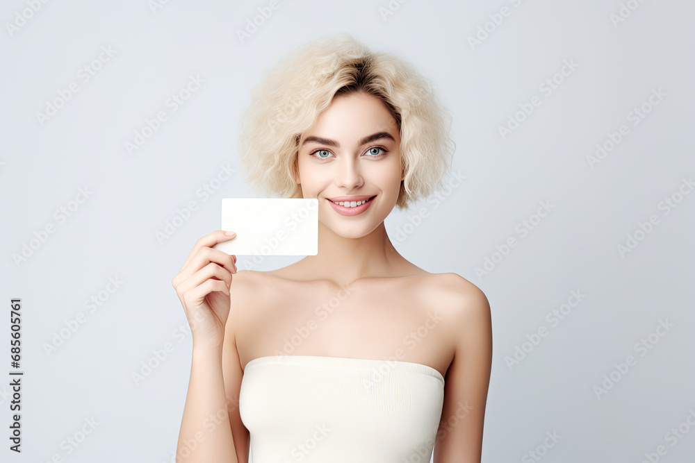 A young woman, attractive and beautiful, holds a blank card with a picture of natural beauty for advertising skin care. A young woman, attractive and beautiful, holds a blank card with a picture of natural beauty for advertising skin care.