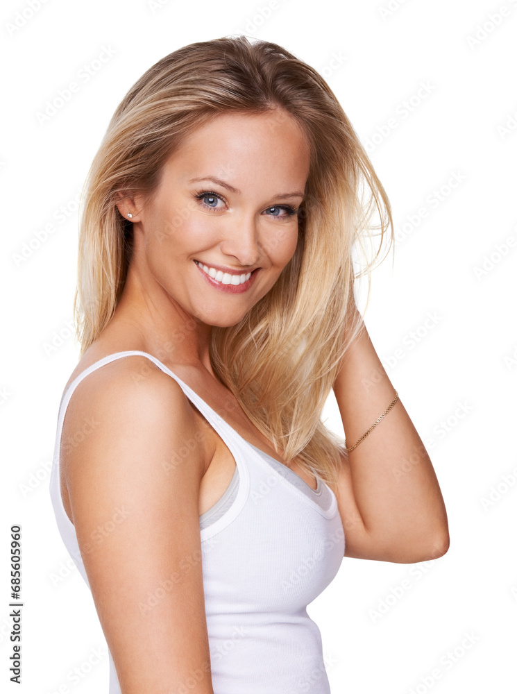 Beauty, portrait and hair care with a woman in studio for glow, shine and flawless skin. Face of a happy female model person on a white background with confidence, dermatology and cosmetics or makeup