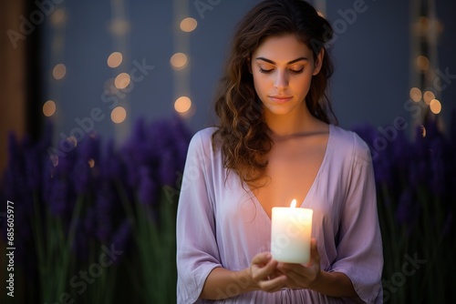 Tranquil Christian Reflection: Young Woman Contemplating with Lit Candle