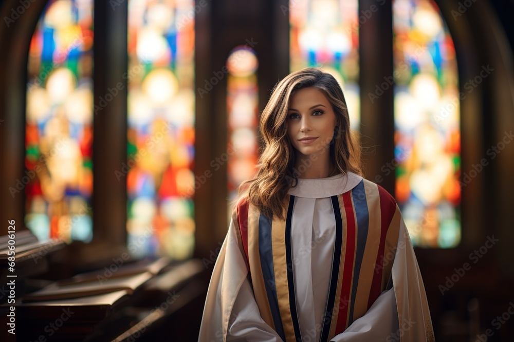 Choir Singer in Robe Against Stained Glass Window

