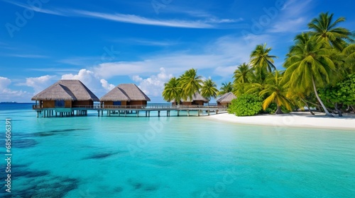 A vibrant coral atoll in the Maldives, with a white sandy beach and overwater bungalows.