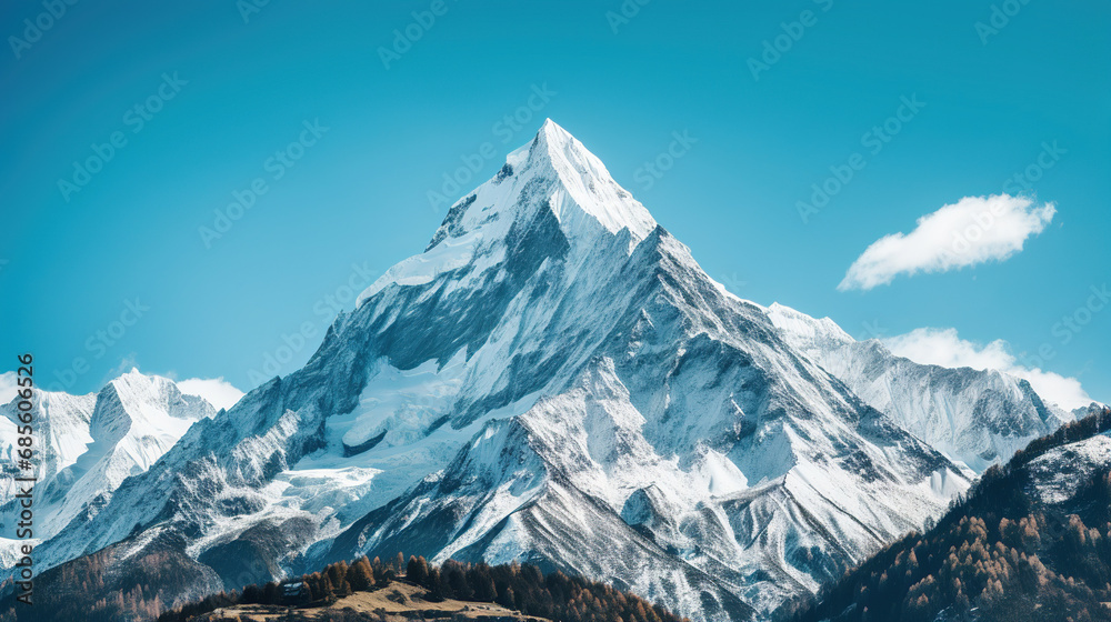 Snow-covered mountain against a blue sky. Generative Ai