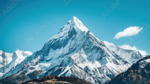 Snow-covered mountain against a blue sky. Generative Ai